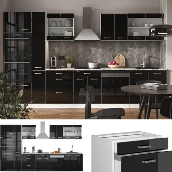 R-Line kök, 350 cm med högskåp, PT Marble, Blank svart ek/vit, Vicco