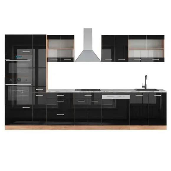 R-Line kök, 350 cm med högskåp, PT Marble, Blank svart ek/guld ek, Vicco