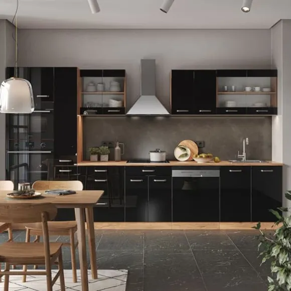 R-Line kök, 350 cm med högskåp, PT Marble, Blank svart ek/guld ek, Vicco