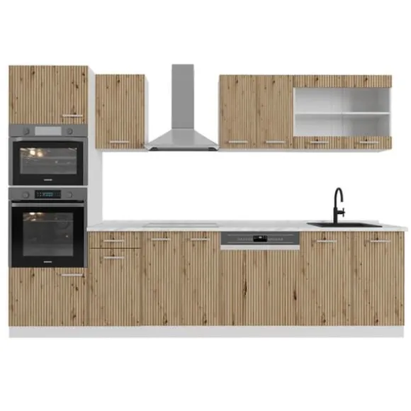 R-Line kök, 300 cm med högskåp, PT Marble, Artisan ek/vit, Vicco