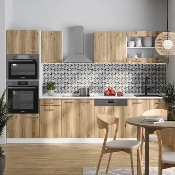 R-Line kök, 300 cm med högskåp, PT Marble, Artisan ek/vit, Vicco