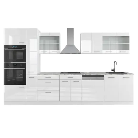 R-Line kök, 350 cm med högskåp, utan bänkskiva, blank vit/vit, Vicco