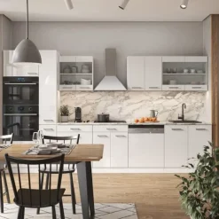R-Line kök, 350 cm med högskåp, utan bänkskiva, blank vit/vit, Vicco