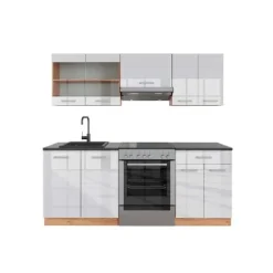 R-Line kök, 200 cm, PT Antracit, Blank vit/Gyllene ek, Vicco