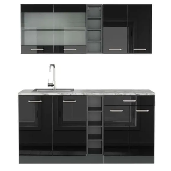 R-Line kök, 160 cm, PT Marble, Blank svart/Antracit, Vicco