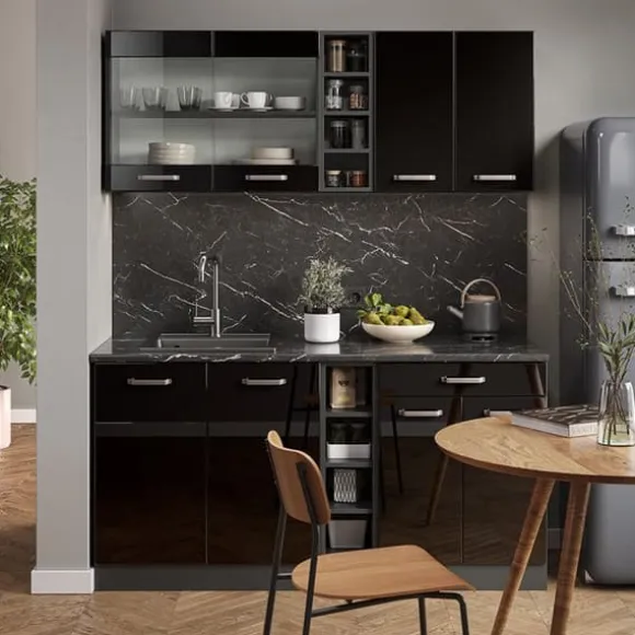 R-Line kök, 160 cm, PT Marble, Blank svart/Antracit, Vicco