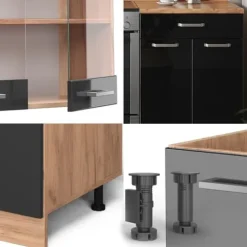 R-Line kök, 200 cm, PT Marble, Blank svart/Gyllene ek, Vicco