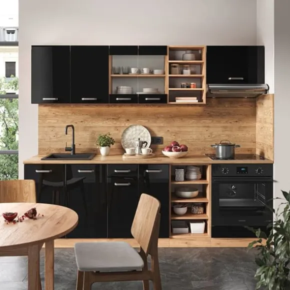 R-Line kök, 240 cm utan bänkskiva, Blank svart/Gyllene ek, Vicco