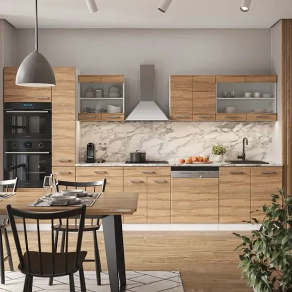 R-Line kökslinje, 350 cm med högskåp, PT Marble, Sonoma/vit, Vicco
