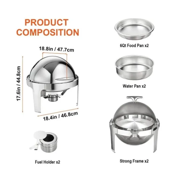 Roll Top Chafing Dish Buffet Set, 6 Qt 2-pack, rostfritt stål med 2 kastruller, rund cateringvärmare med lock och bränslehållare.