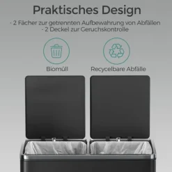 Rootz Dual Compartment Dash Can - Återvinningsfack - Avfallsseparator - 60L Kapacitet - Stålmaterial - 59 cm x 36,5 cm x 65,2 cm