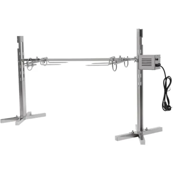 Rostfri spädgrisgrill, elektrisk rotisserie med motor, spett med köttgafflar, 220 V, silver