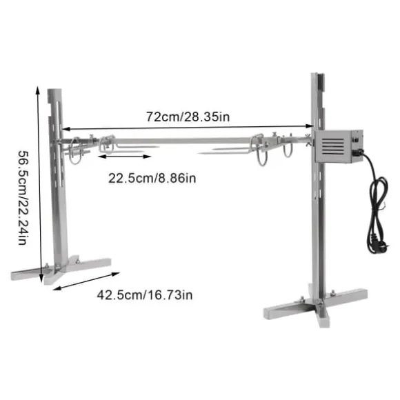 Rostfri spädgrisgrill, elektrisk rotisserie med motor, spett med köttgafflar, 220 V, silver