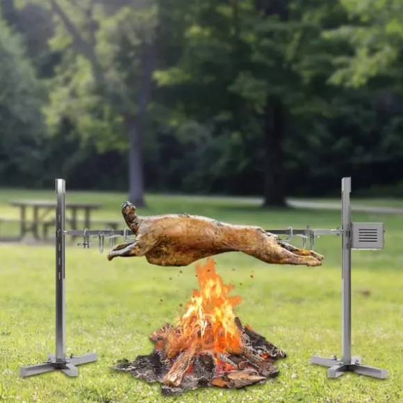 Rostfri spädgrisgrill, elektrisk rotisserie med motor, spett med köttgafflar, 220 V, silver