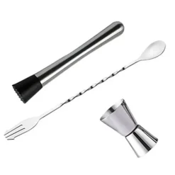 Rostfritt stål cocktailblandningssked, muddler och jiggerset för hembartending
