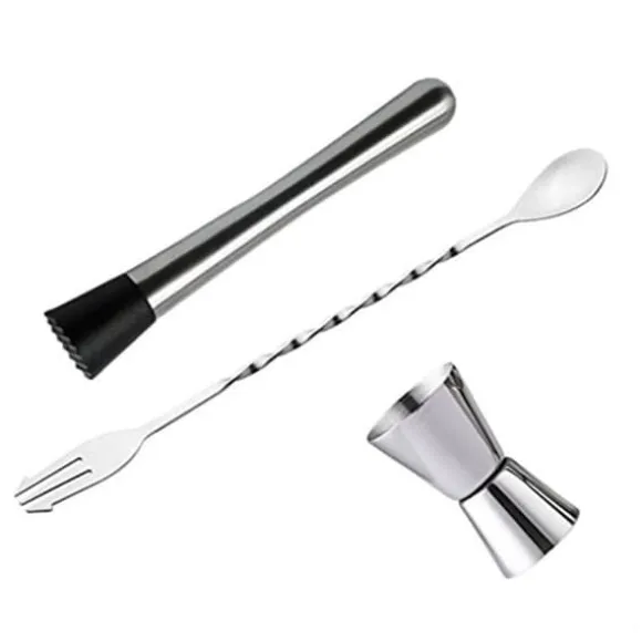 Rostfritt stål cocktailblandningssked, muddler och jiggerset för hembartending