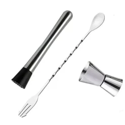 Rostfritt stål cocktailblandningssked, muddler och jiggerset för hembartending