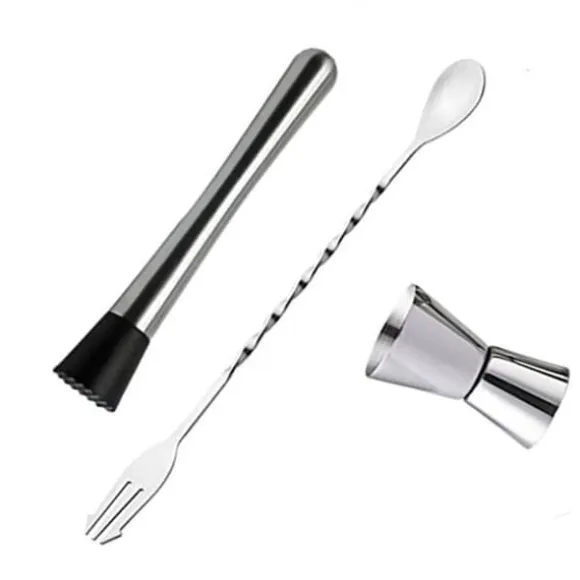 Rostfritt stål cocktailblandningssked, muddler och jiggerset för hembartending
