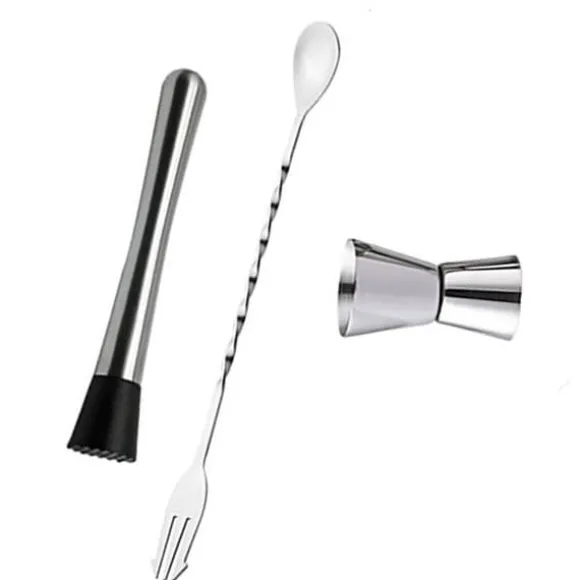 Rostfritt stål cocktailblandningssked, muddler och jiggerset för hembartending