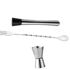 Rostfritt stål cocktailblandningssked, muddler och jiggerset för hembartending