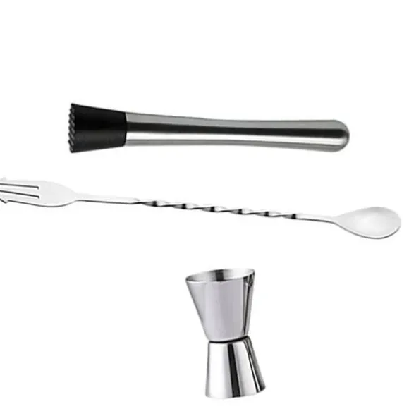 Rostfritt stål cocktailblandningssked, muddler och jiggerset för hembartending