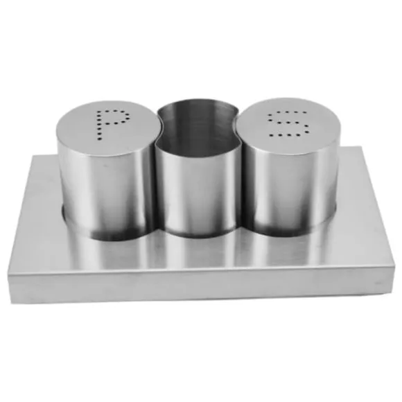 Rostfritt stål Salt Peppar Shakers Set Tandpetare Hållare med bricka Kryddor Shakers Krydddispenser Kökstillbehör