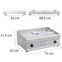Royal Catering - Elektriskt stekbord - Dubbelt - 75 cm - Slät - 2 x 3200 W