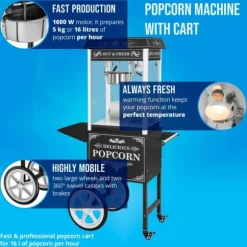 Royal Catering - Popcornmaskin med vagn - Retrodesign - Svart