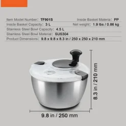 Salladssnurra i rostfritt stål, 4,75 Qt, enhandspress, grönsaks- och salladsrengöring, BPA-fri.