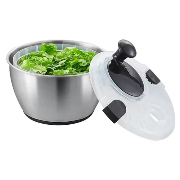 Salladssnurra i rostfritt stål, 4,75 Qt, enhandspress, grönsaks- och salladsrengöring, BPA-fri.