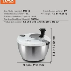 Salladssnurra - VEVOR - Rostfritt stål 4,5L, 250x250x210mm med lock i rostfritt stål för torkning av grönsaker BPA-fri