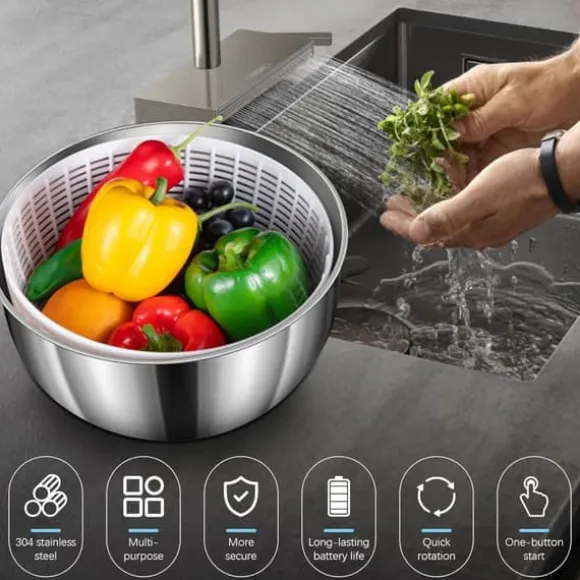 Salladstork, 4,5L salladstork i rostfritt stål med automatisk rotation, halkfri botten och USB-laddning, frukt-/grönsakstork med lock, stor salladsto | CDON