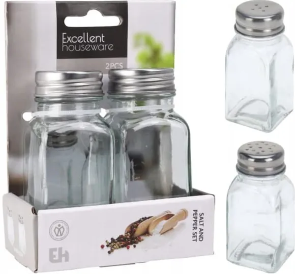 Salt- och pepparkar, en uppsättning genomskinliga kryddburkar av glas