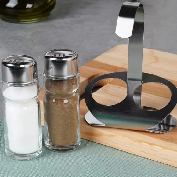 Salt- och pepparkar med stativ, 3 stycken.