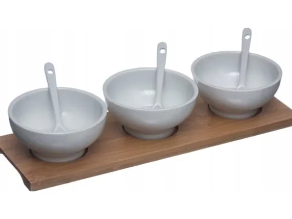 Secret de Gourmet för snacks, 3 porslinsskålar + skedar och fat