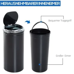 Sensor skräpkorg 42L, automatisk med lock, rostfri, för badrum, kontor, kök, svart