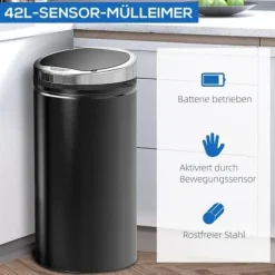 Sensor skräpkorg 42L, automatisk med lock, rostfri, för badrum, kontor, kök, svart