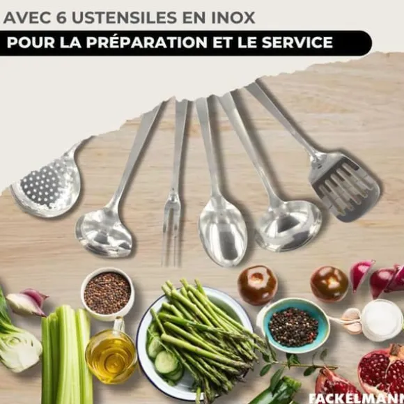 Set med 2 stekpannor 20 och 28 cm i rostfritt stål, 2 glaslock och 6 rostfria köksredskap från Fackelmann Eterna