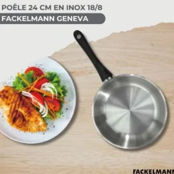 Set stekpanna 24 cm i rostfritt stål, glaslock och 6 rostfria köksredskap Fackelmann Geneva