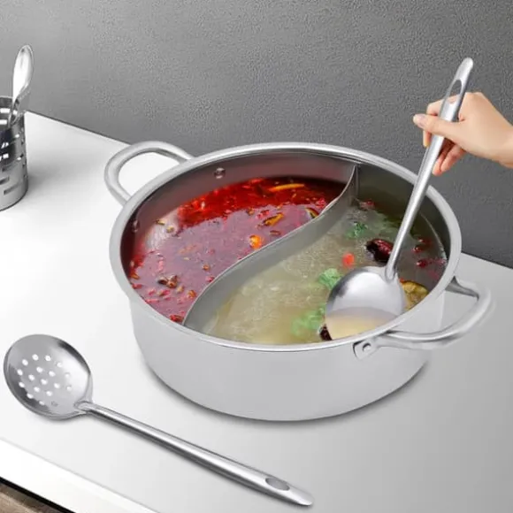 Shabu Shabu Hotpot - Gryta 28 cm - 304 Rostfritt Stål - Dubbelsidig Avdelare - Glaslock - Induktion & Gas - Vit - Med 2 Slevar