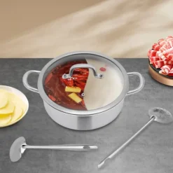 Shabu Shabu Hot Pot - Gryta i rostfritt stål - Delad dubbel smak - 26 cm - Induktionskompatibel - För fondue