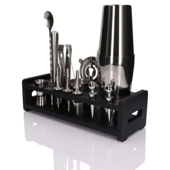 Shaker - Bartender - Cocktailset 17 delar - Rostfritt stål - 830 ml - Svart stöd