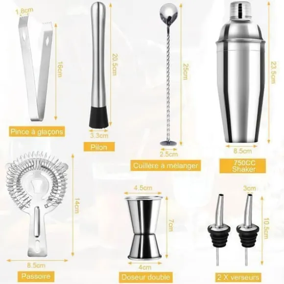Shaker-Shaker Cocktail-Kit Cocktail-Accessoar för professionell bartender - Rostfritt stål - 750 ml - 8 PCS - För hemmet, baren, festen