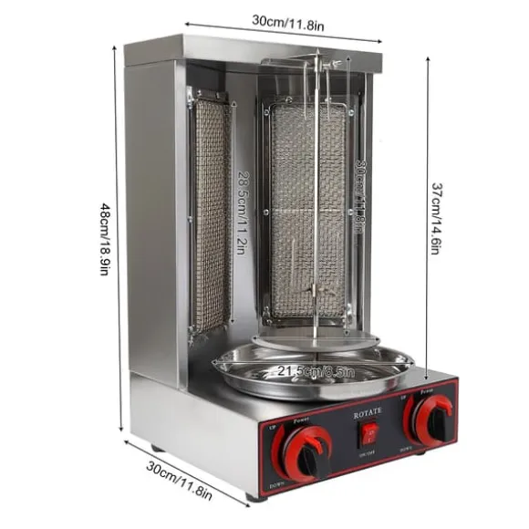 Shawarma/Döner kebab gyrosgrill, LPG gas, 3000 W, 2 brännare, vertikal roterande ugn, 8 kg kapacitet, svart