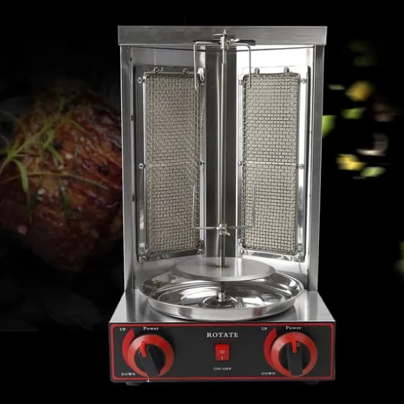 Shawarma/Döner kebab gyrosgrill, LPG gas, 3000 W, 2 brännare, vertikal roterande ugn, 8 kg kapacitet, svart