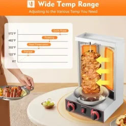 Shawarma/Döner kebab gyrosgrill, LPG gas, 3000 W, 2 brännare, vertikal roterande ugn, 8 kg kapacitet, svart
