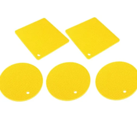 Silikonunderläggsmattor - halksäkra värmebeständiga värmekuddar för kök - 5 st Gul honeycomb fyrkantig och rund