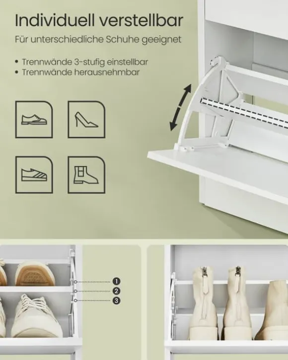 Skoskåp med 3 gångjärnsdörrar, skoställ, öppet fack, justerbar avdelare, 14 till 18 par, för liten entré, 24 x 60 x 139 cm, Cloud White LBC046W01