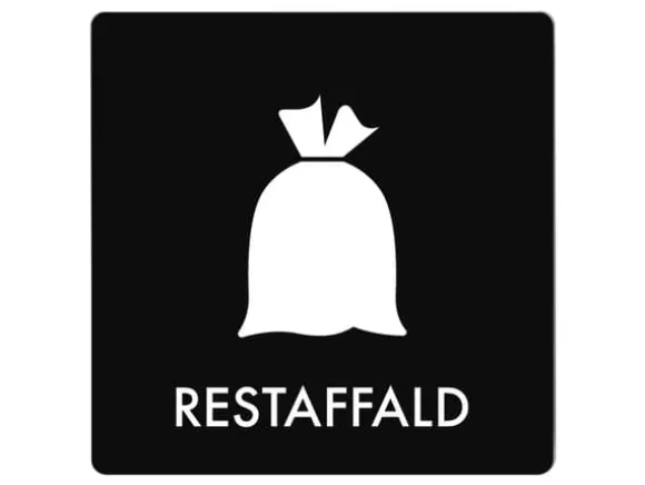 Skylt avfallspiktogram RESTAFFALD 12x12 cm, aluminium, svart/vit