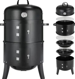 Smoker Rökgrill 3‑i‑1 - Kolgrill Vattensmoker - Med handtag - 2 rostfria galler - Inbyggd termometer och lock - Pulverlackerat stål